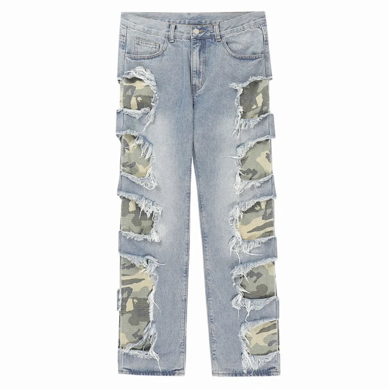 side destroyed ripped holes denim jeans pants mens casual patchwork camouflage loose straight joggers hip hop streetwear jeans sporty tapered joggers