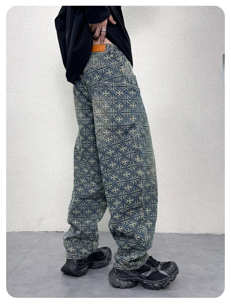 men jacquard loose casual hip hop vibe splice pocket denim baggy jeans pants man streetwear ripped jeans trousers boyfriend unique jeans style 2993