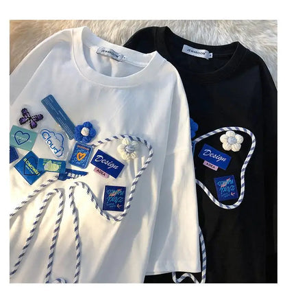 Super Chic Appliques Butterfly Bow Creative T Shirts Sweet Girl Kawaii Clothes 2022 Summer Large 2XL Korean Brand Office Ladies Street King Limited