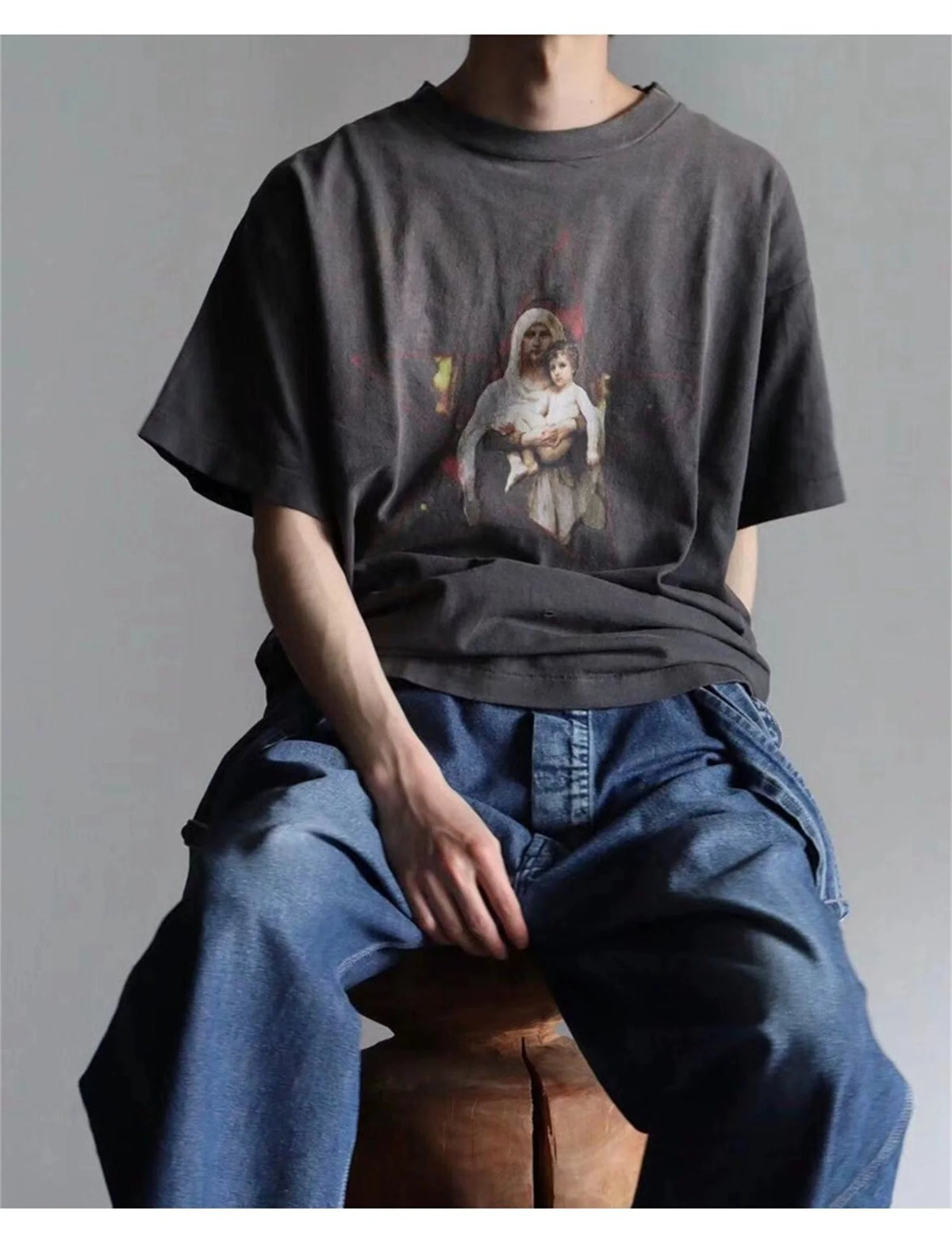 90s Summer Vintage Style Pentagram printed washed vintage Retro Quality short sleeved T-shirt Tops For Men Street King Limited