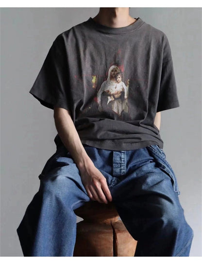 90s Summer Vintage Style Pentagram printed washed vintage Retro Quality short sleeved T-shirt Tops For Men Street King Limited