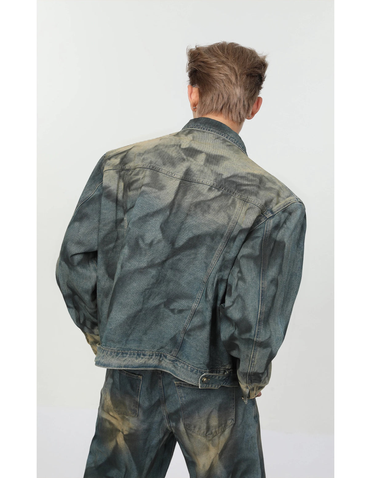 2 pieces sets mens fashion dirty graffiti wide shouder denim jeans jacket coat and wide legs pants joggers new streetwear sets unique joggers style 3570