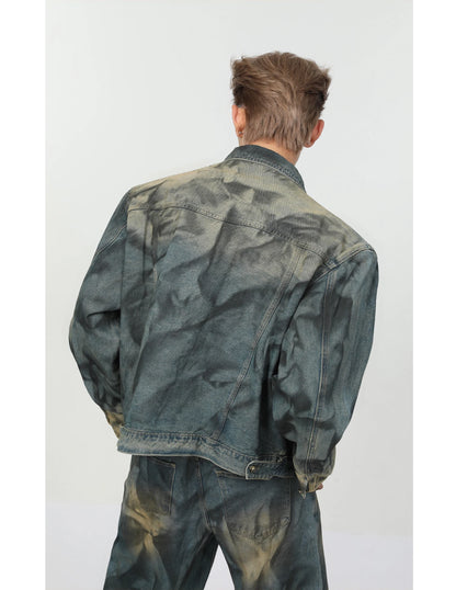 2 pieces sets mens fashion dirty graffiti wide shouder denim jeans jacket coat and wide legs pants joggers new streetwear sets unique joggers style 3570