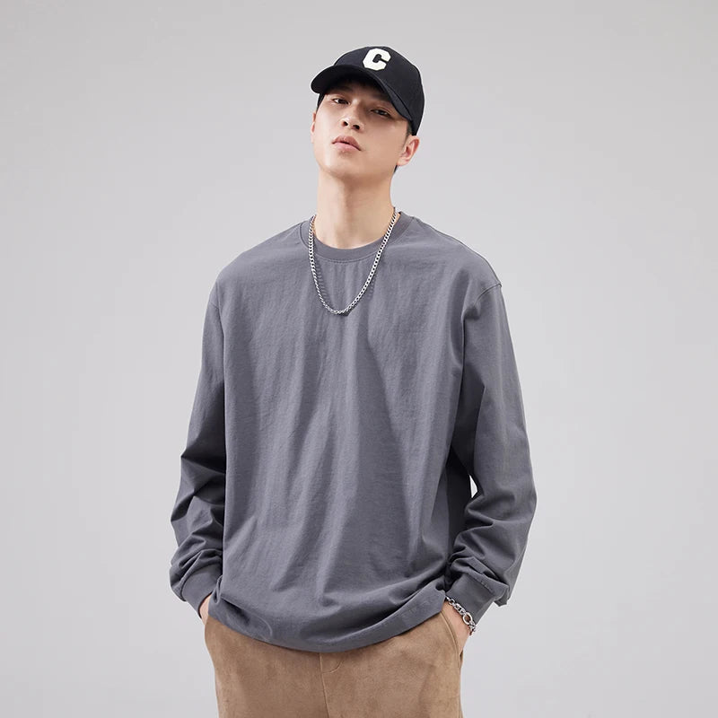 Cotton Long-Sleeved T-Shirt Men's Spring And Autumn Basic Solid Color Inner Loose Sweatshirt Men's White Bottoming Shirt Street King Limited