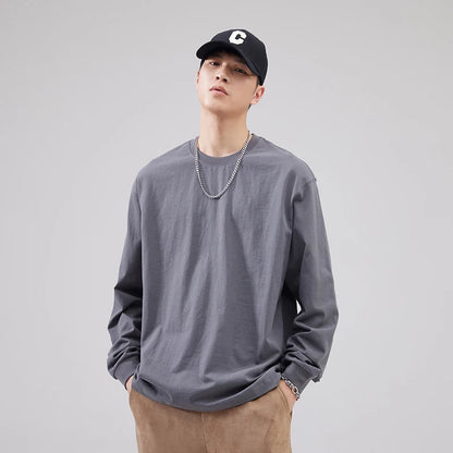 Cotton Long-Sleeved T-Shirt Men's Spring And Autumn Basic Solid Color Inner Loose Sweatshirt Men's White Bottoming Shirt Street King Limited