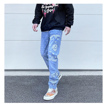 mens high street paisley print denim jeans casual hip hop distressed jeans slim fit skinny denim pants joggers streetwear men unique joggers style 262