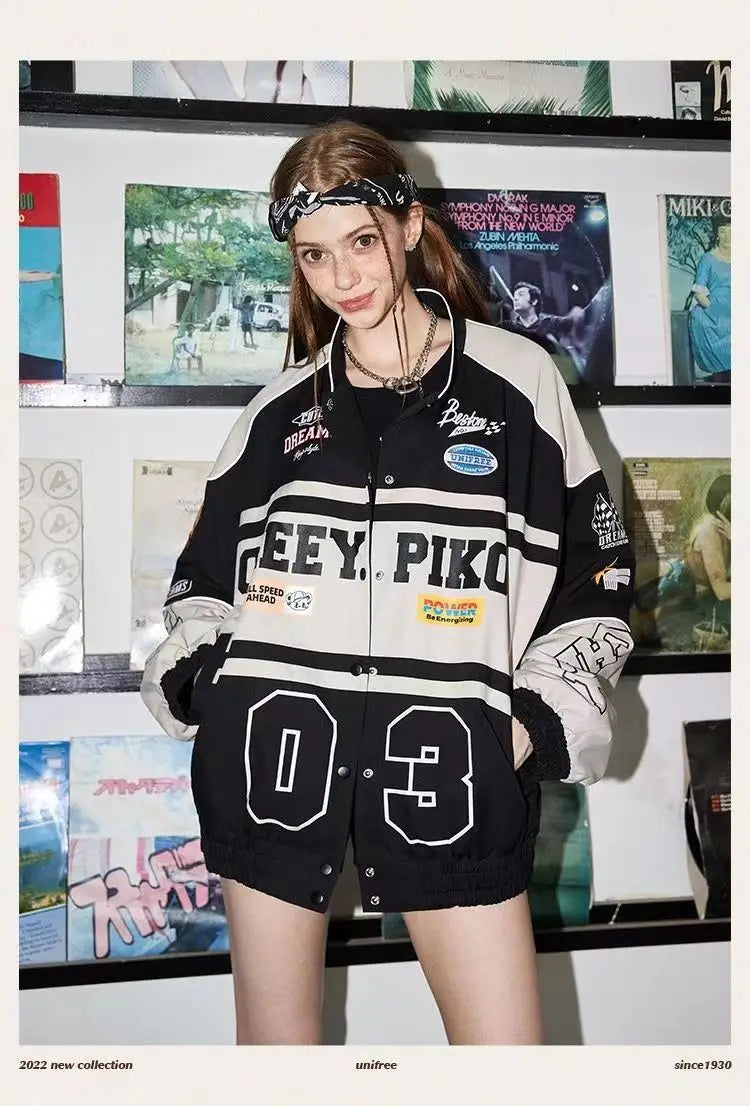 Spring and Autumn American letter printed motorcycle baseball jacket street style racing couple style goth  denim jacket women Street King Limited
