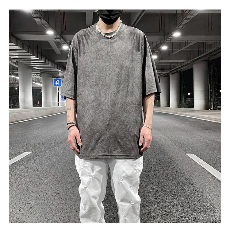 Merican Hip-hop Summer Thin Section Suede Cashew Flower Print Tshirts Tops Men and Women Loose Short-sleeved T-shirts Oversized Street King Limited
