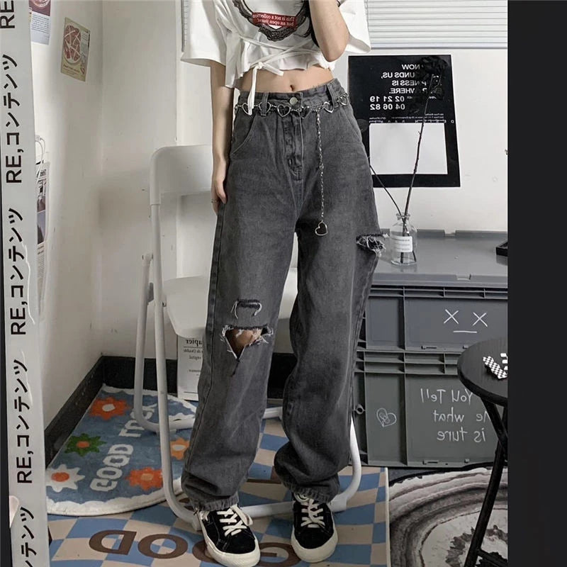 xpqbb vintage streetwear dark gray jeans women y2k high waist ripped denim trousers female 2022 new design loose wide leg pants unique jeans style 2607