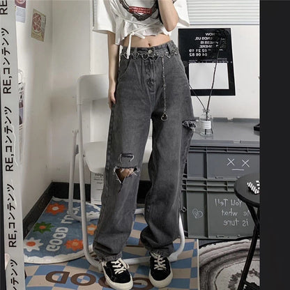 xpqbb vintage streetwear dark gray jeans women y2k high waist ripped denim trousers female 2022 new design loose wide leg pants unique jeans style 2607