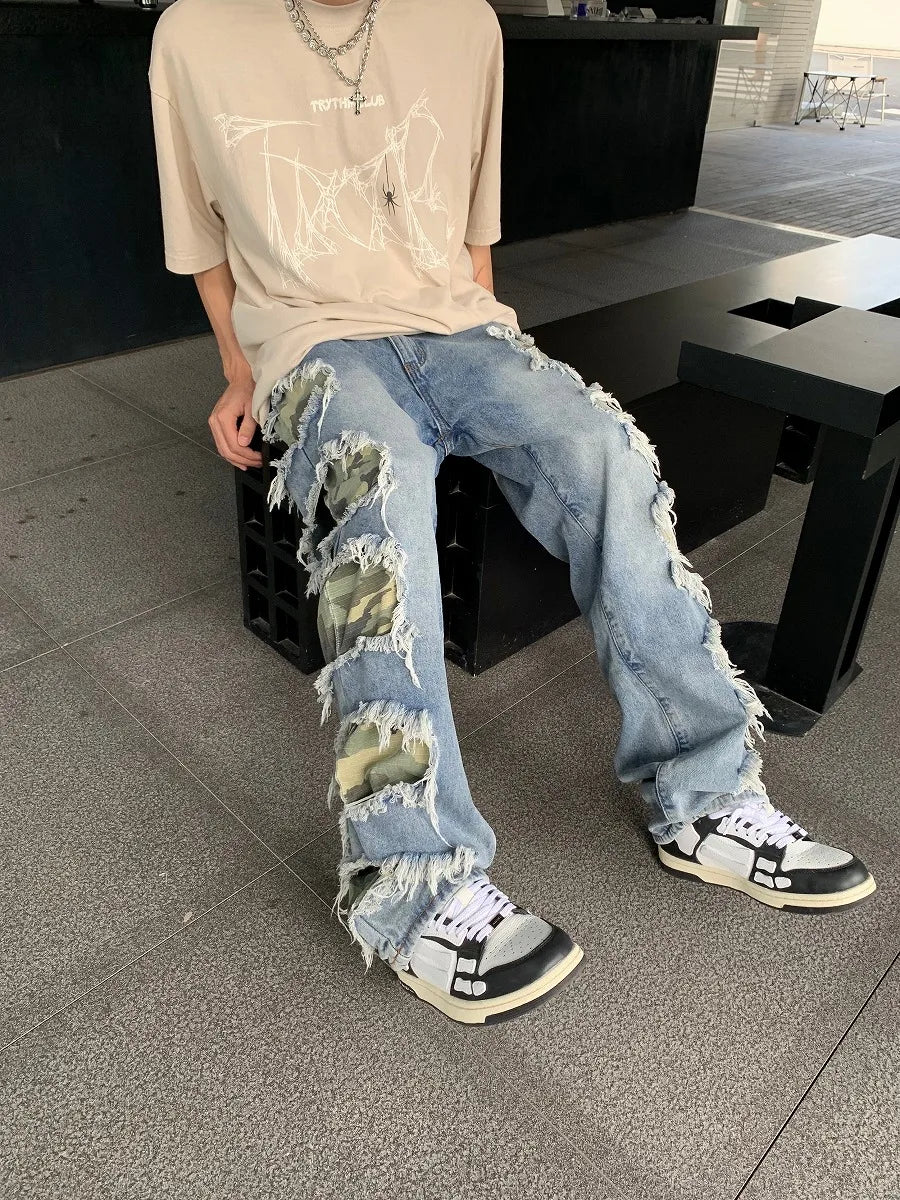 side destroyed ripped holes denim jeans pants mens casual patchwork camouflage loose straight joggers hip hop streetwear jeans unique joggers style 3069