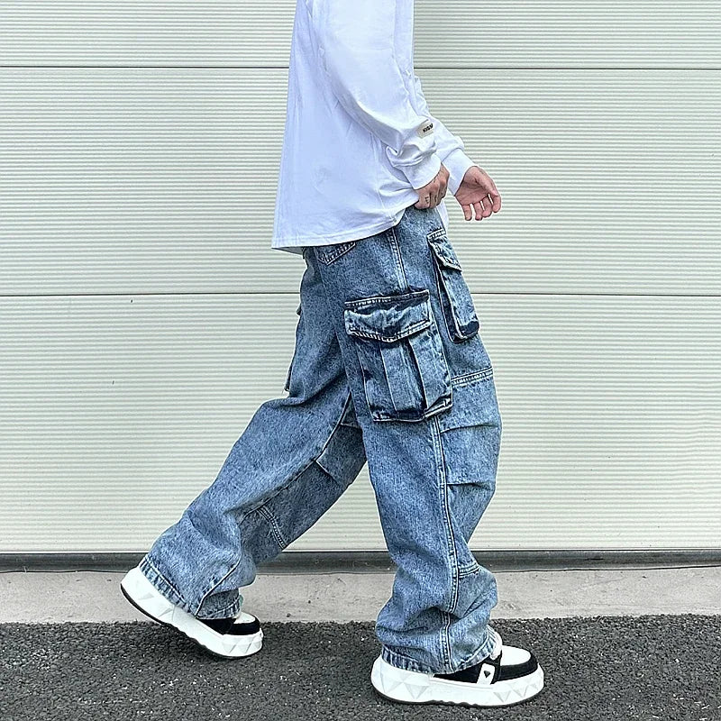 fashion loose streetwear cargo denim jeans unisex casual multi pocket wide legs jean pants hip hop joggers mens baggy jeans streetwear sweatpants