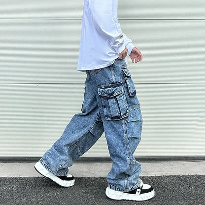 fashion loose streetwear cargo denim jeans unisex casual multi pocket wide legs jean pants hip hop joggers mens baggy jeans streetwear sweatpants