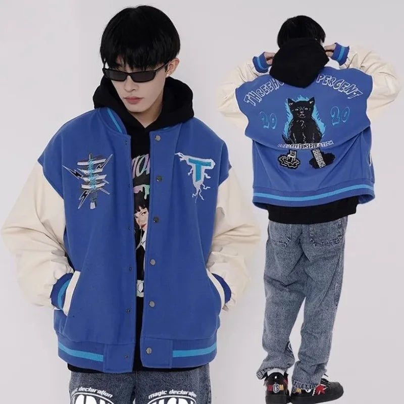 baseball jacket men women patchwork high street retro flocking letter cat coat spring autumn casual loose varsity jackets unisex minimalist street pants