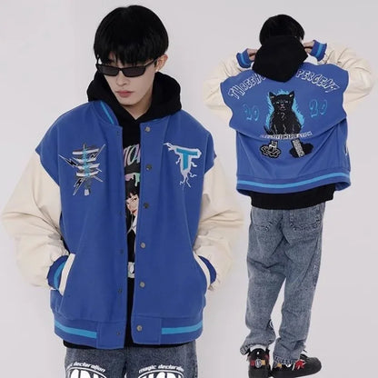 baseball jacket men women patchwork high street retro flocking letter cat coat spring autumn casual loose varsity jackets unisex minimalist street pants