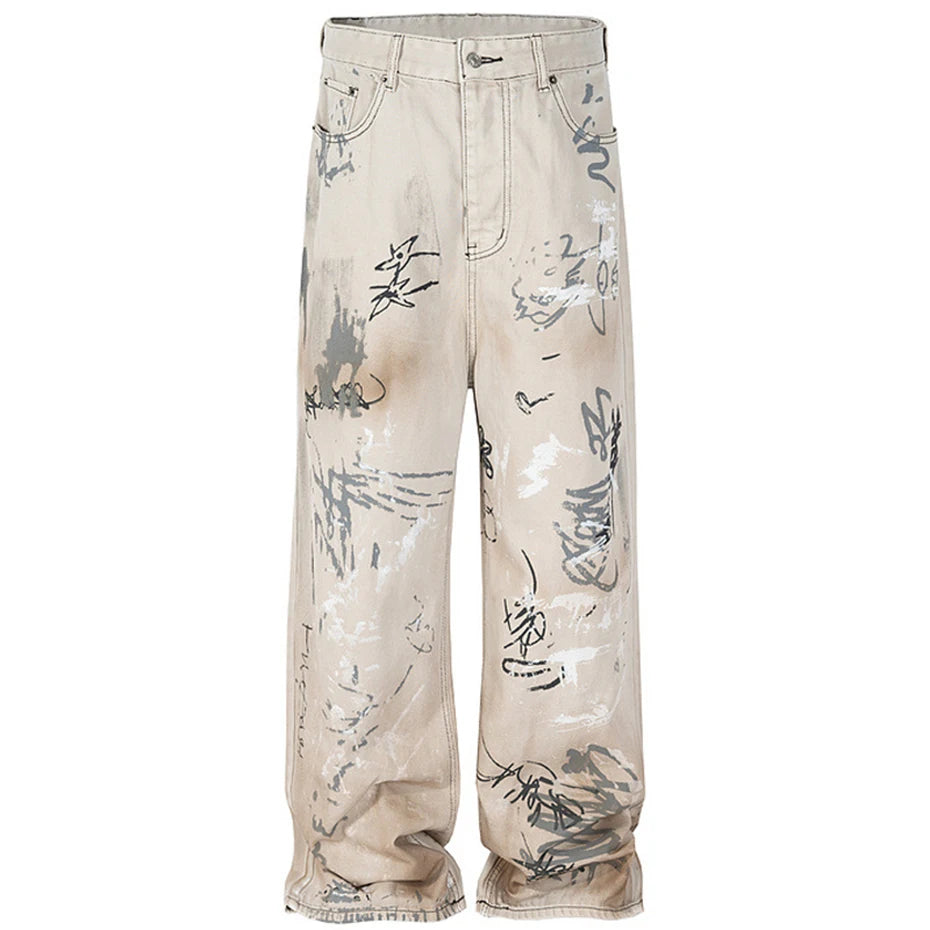 men hip hop baggy jeans graffiti printed loose straight denim pants dirty washed streetwear fashion jeans trousers white unique jeans style 681