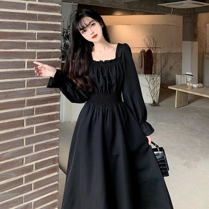 Black Elegant Dress Women Vintage Long Sleeve Spring Autumn Dresses Square Collar Oversize Loose Casual Robe Streetwear Street King Limited