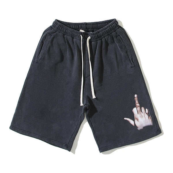 Vintage Hand Finger Print Washed Drawstring Shorts for Men and Women Hip Hop Baggy Summer Terry Five Point Pants Oversized Street King Limited