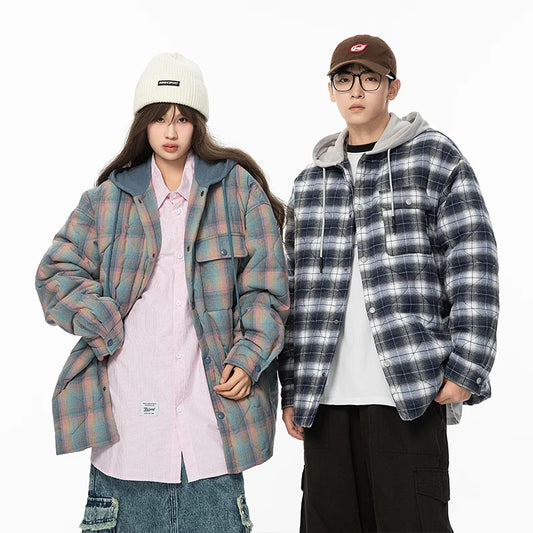 Winter Quilted Thick Plaid Hooded Jacket Men Wmen Streetwear Fashion Oversize Loose Casual Hoody Jacket Padded-cotton Parka Coat Street King Limited