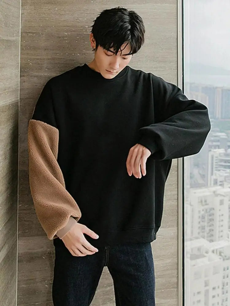 Long-sleeved Round Neck Sweater Lamb Hair Embroidery Flocking Sweater Loose Warm Winter Men's Bear Street King Limited
