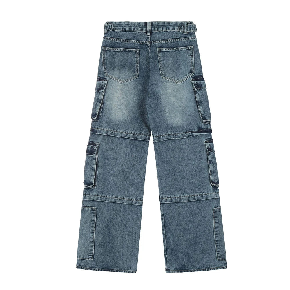 vintage multi pocket jeans mens harajuku cargo denim pants retro hip hop straight loose jean pants men clothing unique cargo style 586