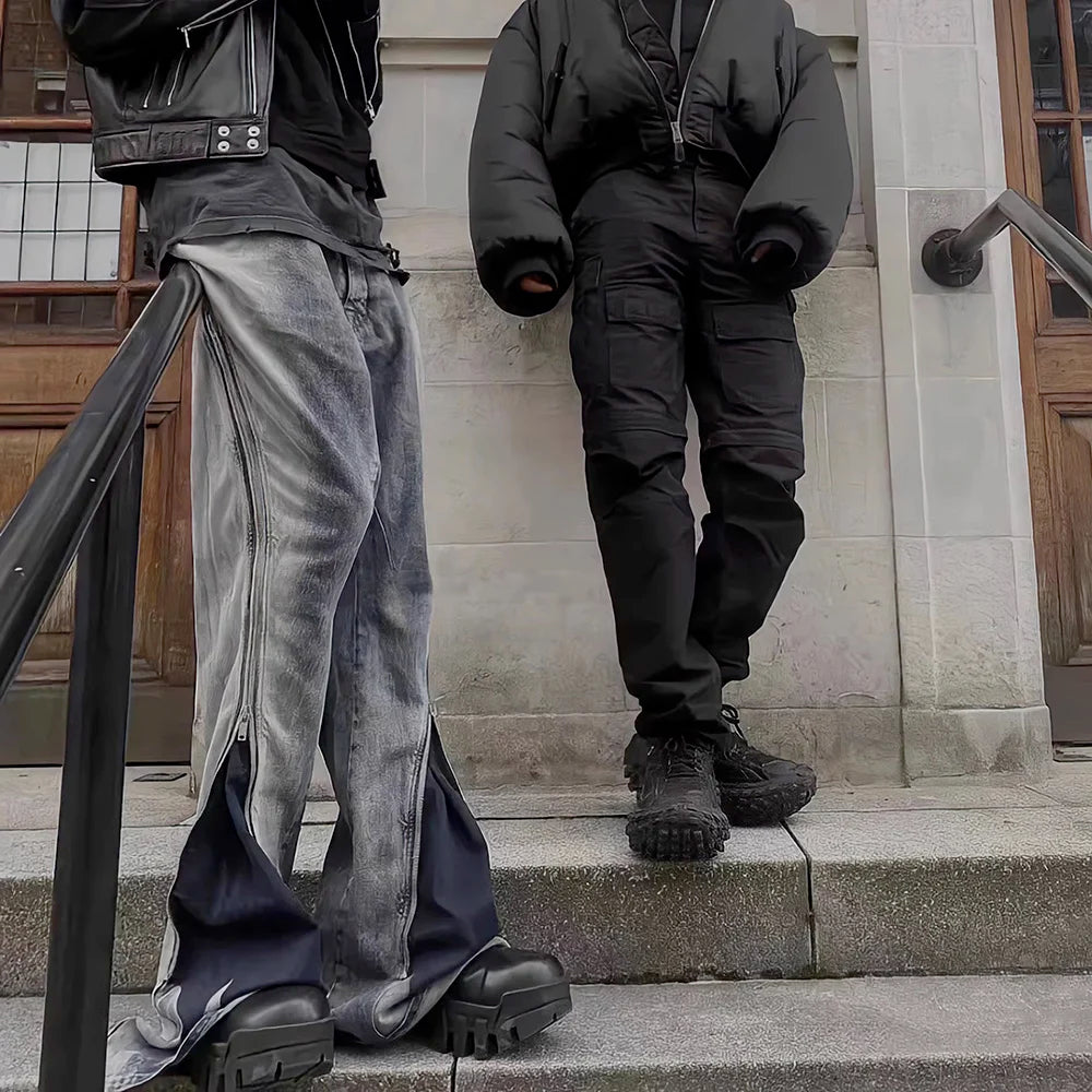 Ro Style Gradient Blue Horn Stacked Floor Dragging Jeans Unisex Streetwear Baggy Y2K Ribbons Zipper Denim Trousers Oversized Street King Limited