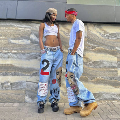 european and american street trend loose straight jeans summer female portrait print hip hop trousers female wide leg pants unique jeans style 729