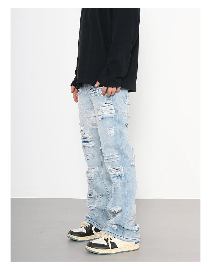 men distressed ripped destroied holes denim jean pants fashion zipper biker jeans streetwear flare pants joggers y2k men s jeans unique joggers style 2792