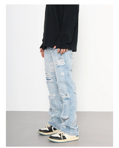 men distressed ripped destroied holes denim jean pants fashion zipper biker jeans streetwear flare pants joggers y2k men s jeans unique joggers style 2792