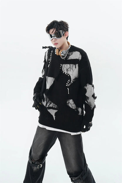 Mens Knitted Sweater Fashion Tassel Irregular Block Pullovers Casual O-neck Unisex Harajuku Y2k Streetwear Loose Knit Jumpers Street King Limited