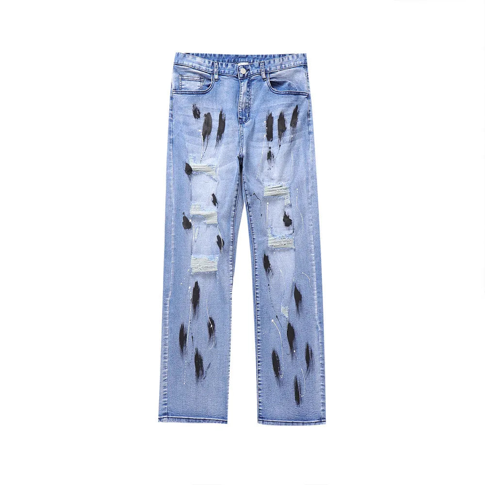 mens vintage jeans 2023 new ripped holes straight denim pants streetwear hip hop harajuku jeans trousers unique jeans style 3795