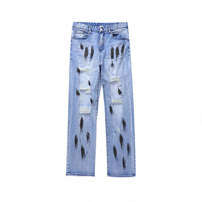 mens vintage jeans 2023 new ripped holes straight denim pants streetwear hip hop harajuku jeans trousers unique jeans style 3795
