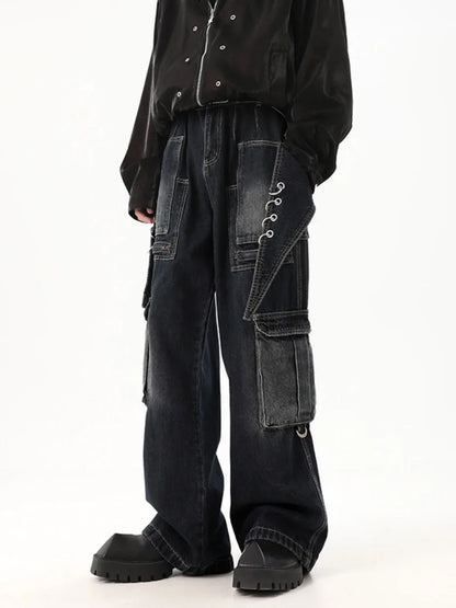 fashion punk rings streetwear loose pants unisex casual multiple pockets wide legs jean pants hip hop joggers men baggy jeans urban active pants