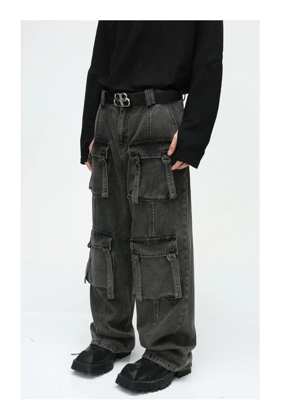 multi pocket cargo jeans men korean fashion loose straight denim pants unique cargo style 510