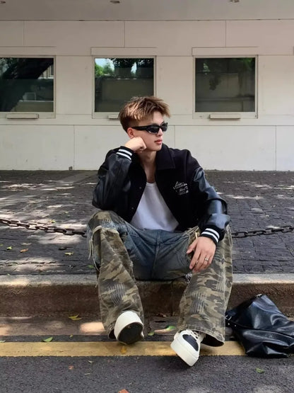 Trendy Camo Cowboy Cargo Pants Mens Spring Autumn Elasticity Fashion Harajuku Patchwork Straight Jeans New Washed Denim Trousers Street King Limited