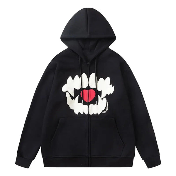 Men's Giant Tooth Love Print Hoodie Trend Harajuku Y2K Zipper Coat American Hip Hop Streetwear Oversized Loose Casual Outerwear Street King Limited