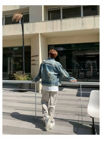 high street washed denim jacket mens trends new spring streetwear single breasted casual hip hop coats loose cowboy outwear unique jeans style 3997