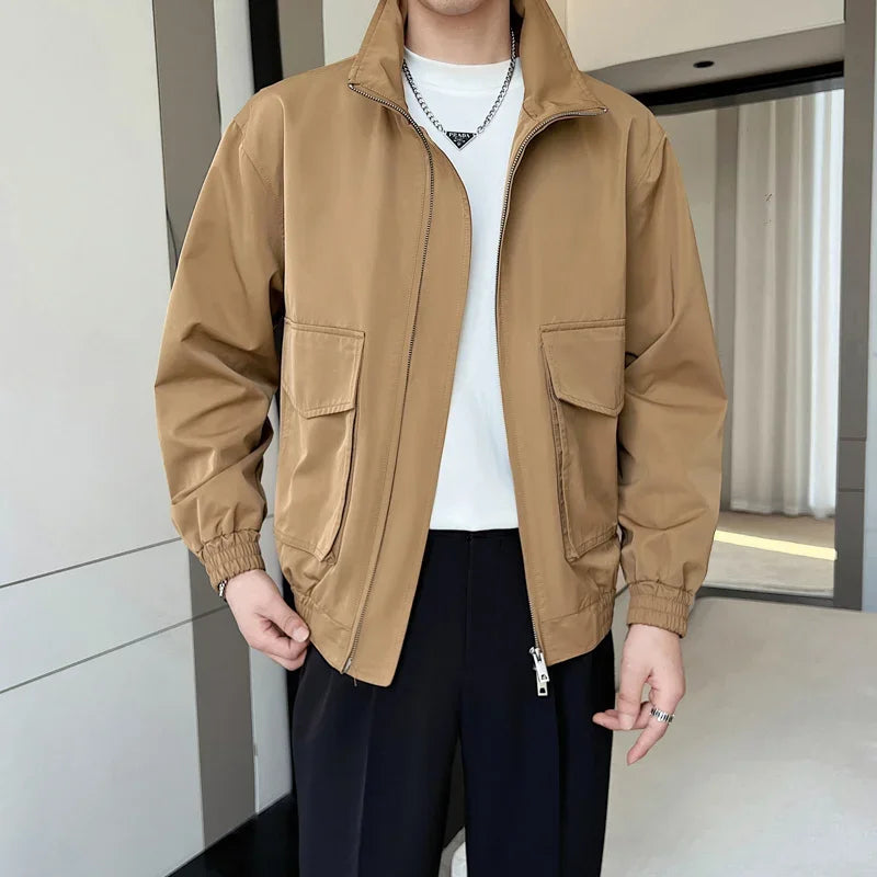 autumn solid color cargo jackets for men new korean fashion zipper cardigan coats stand collar streetwear bomber jacket hombre utility cargo pants