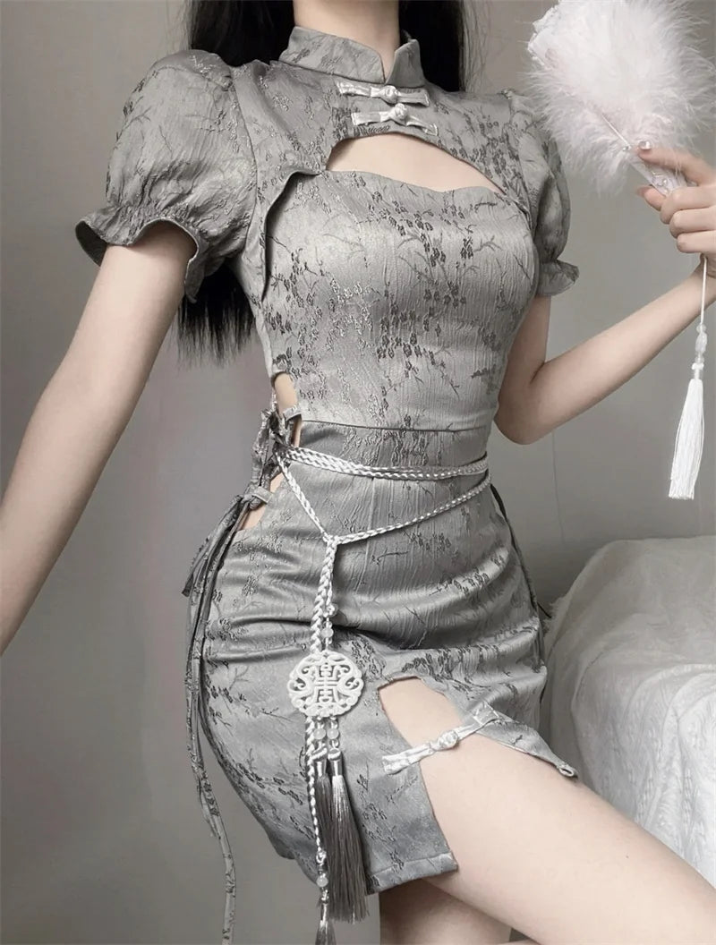 Vintage Chinese Style Cheongsam High Split Mini Dress 2024 Tie Dye Gothic Women Aesthetic Bandage Dresses Y2k Sexy Bodycon Robe Street King Limited