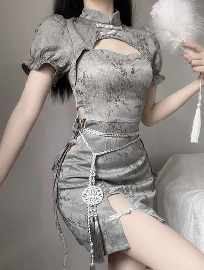 Vintage Chinese Style Cheongsam High Split Mini Dress 2024 Tie Dye Gothic Women Aesthetic Bandage Dresses Y2k Sexy Bodycon Robe Street King Limited