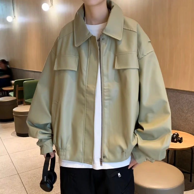 american motorcycle pu leather jacket mens 2024 new streetwear street hip hop trend coats spring new multi pocket lapel outwear menswear bottoms