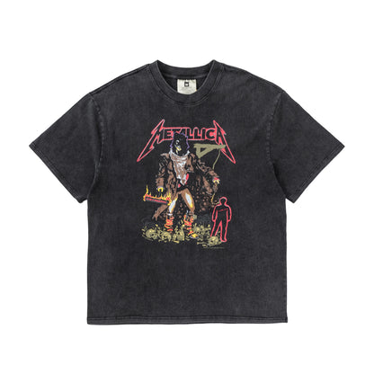 Retro Vintage Metal Rock Band T-Shirt Portrait High-Street Washed Distressed Cotton Tops T-Shirt For Summer Street King Limited