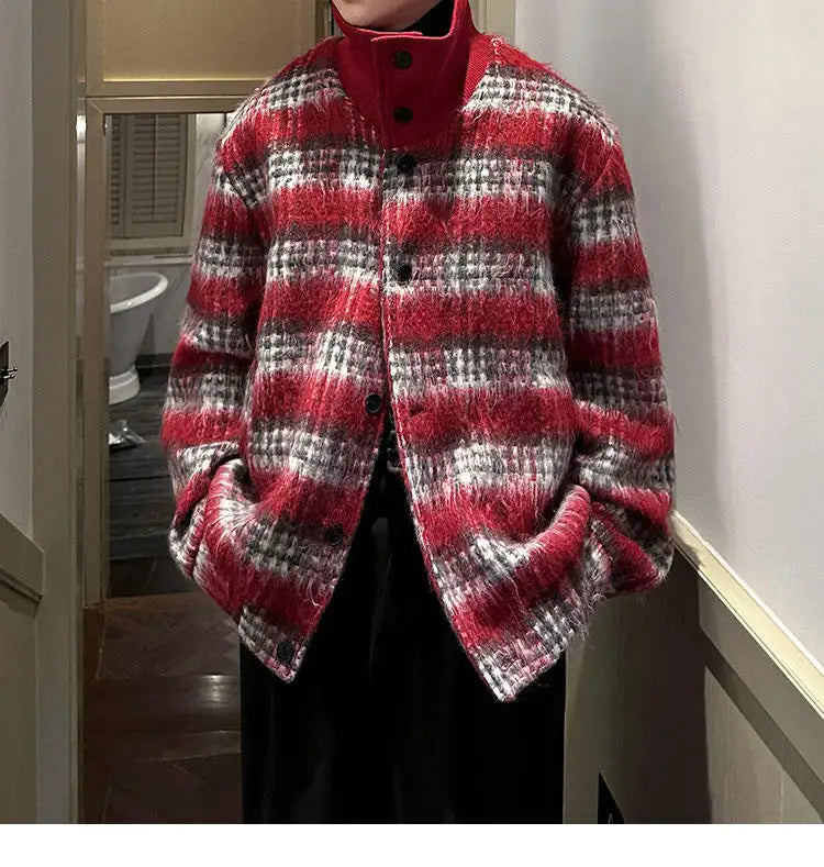 men turtleneck trendy brand fashion stripe christmas woolen bomber jacket women oversize plaid top coat outerwear unique default style 1156