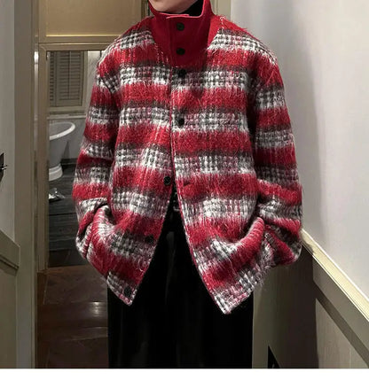 men turtleneck trendy brand fashion stripe christmas woolen bomber jacket women oversize plaid top coat outerwear unique default style 1156