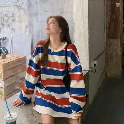 Women T shirts Striped Sweatshirt Thin tops 2024 Spring Women's Clothing Korean Fashion Couples Long Sleeve Teed y2k Pullovers Street King Limited
