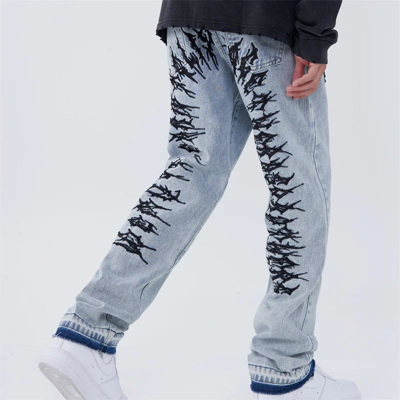 fashion back letters embroidery denim jeans mens casual zipper straight harajuku jean trouser hip hop streetwear pants joggers sporty tapered joggers