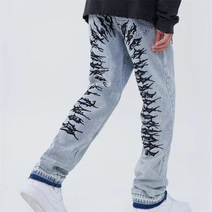 fashion back letters embroidery denim jeans mens casual zipper straight harajuku jean trouser hip hop streetwear pants joggers sporty tapered joggers