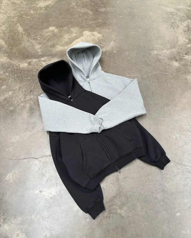 American High Street Fashion Casual Hoodie Men Y2k Harajuku Retro Solid Color Zipper Sweatshirt Loose Oversized Coat Women Street King Limited