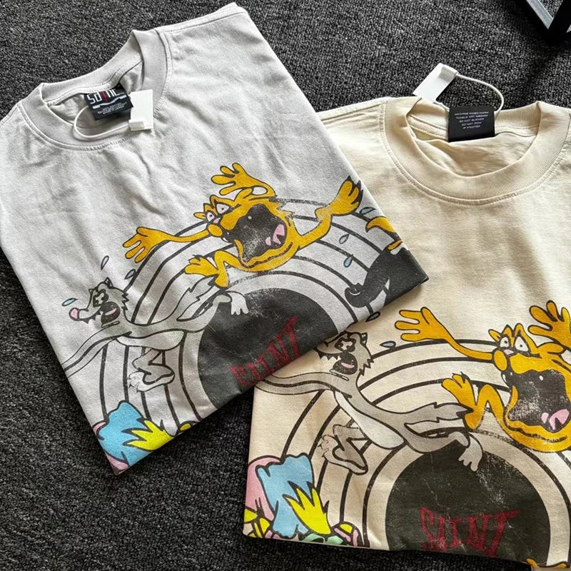 Black White Blue SAINT T-shirt Men Woman Good Quality Vintage Cartoon Pattern Printing Loose Casual Top Tees Street King Limited