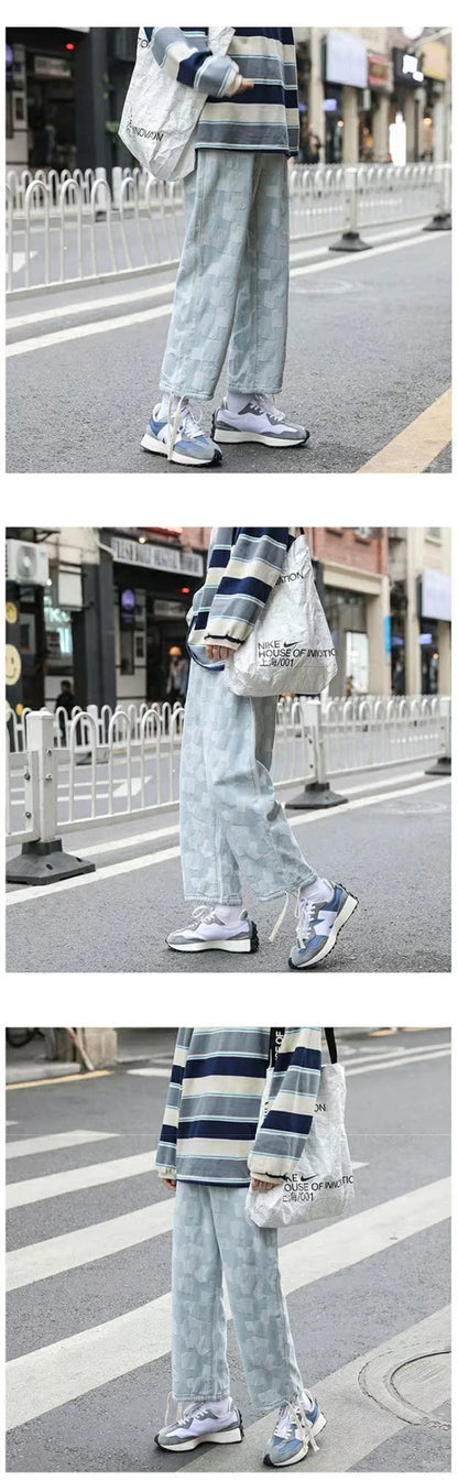 american plaid straight jeans mens casual streetwear printed denim pants autumn baggy classic wide leg retro y2k jean trousers unique jeans style 904